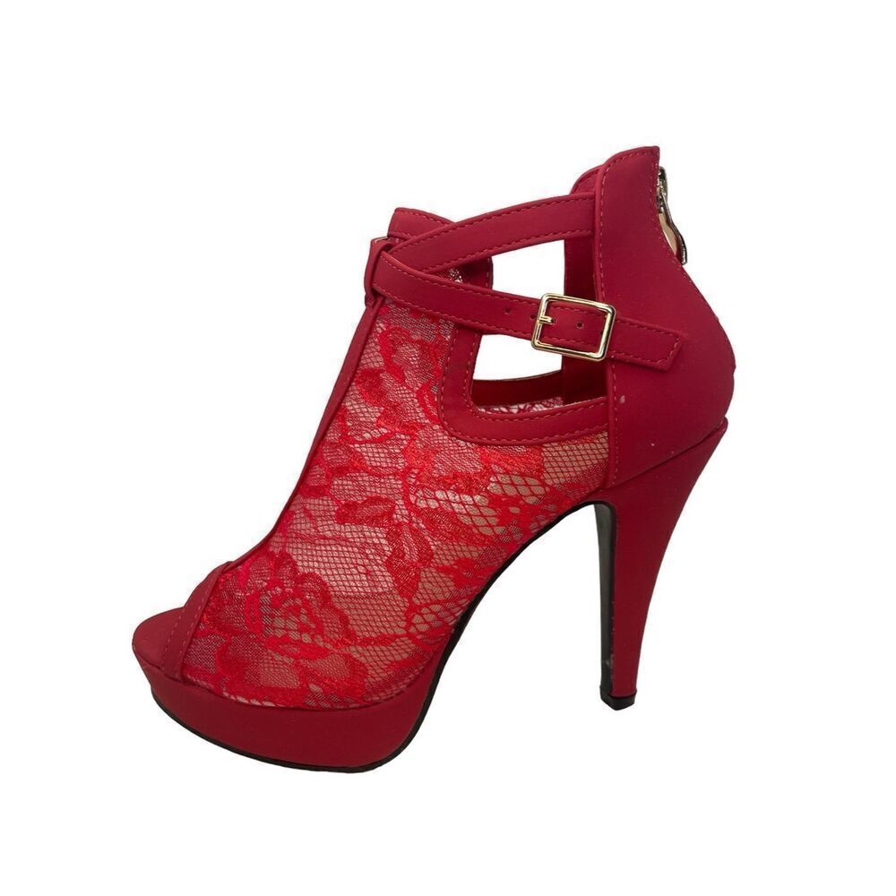 These Lov Mark Watermelon/Coral Pink Floral Lace Peep Toe Stilettos. . US Women